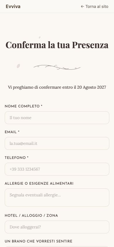 Schermata mobile del modulo di conferma nella demo Classica, con campi vuoti